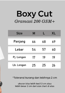 Tabel ukuran kaos Confession model boxy cut 200 GSM+